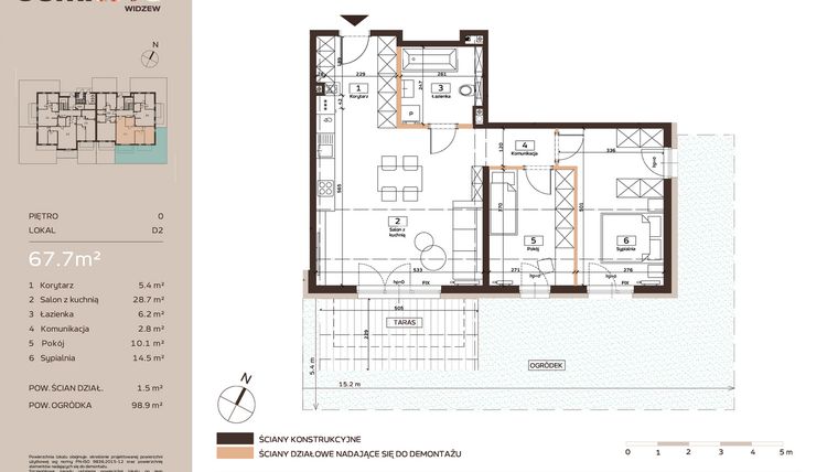 Rzut - Mieszkanie na sprzedaż 3 pokoje o powierzchni 67,8 m² - numer D2 w Domkove Widzew