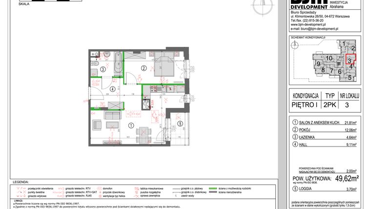 Rzut - Mieszkanie na sprzedaż 2 pokoje o powierzchni 49,62 m² - numer 3 w Pasaż Abrahama