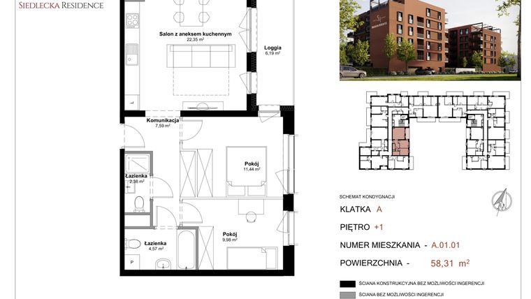 Rzut - Mieszkanie na sprzedaż 3 pokoje o powierzchni 58,31 m² - numer A-01-01 w Siedlecka Residence