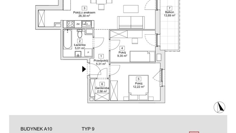 Rzut - Mieszkanie na sprzedaż 3 pokoje o powierzchni 60,77 m² - numer A10.1.1 w Zacisze Marcelin IIIa