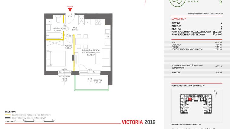 Rzut - Mieszkanie na sprzedaż 2 pokoje o powierzchni 36,26 m² - numer B.37 w Olchowy Park II