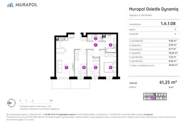 Rzut - Mieszkanie na sprzedaż 2 pokoje o powierzchni 61,25 m² - numer 1.A.1.08 w Murapol Osiedle Dynamiq