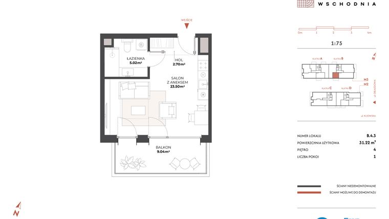 Rzut - Mieszkanie na sprzedaż 1 pokój o powierzchni 31,22 m² - numer B.4.3 w Drucianka Wschodnia
