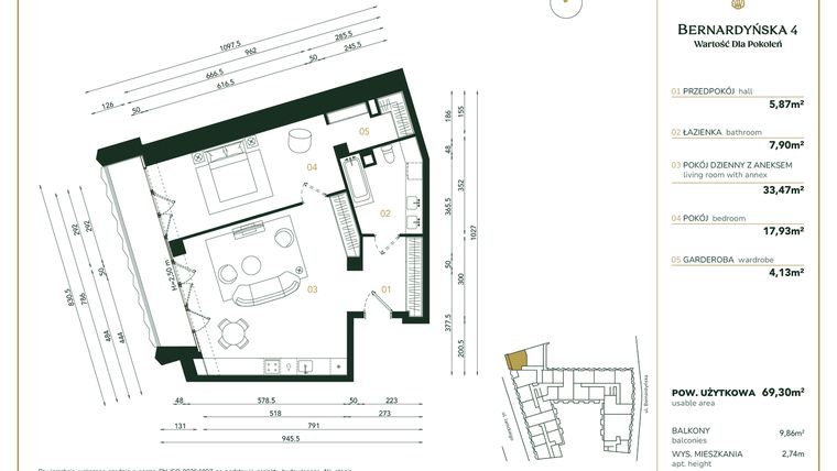 Rzut - Mieszkanie na sprzedaż 2 pokoje o powierzchni 69,3 m² - numer A/3/12 w Bernardyńska 4