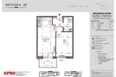 Rzut - Mieszkanie na sprzedaż 2 pokoje o powierzchni 41,7 m² - numer 40 w Antczaka 46