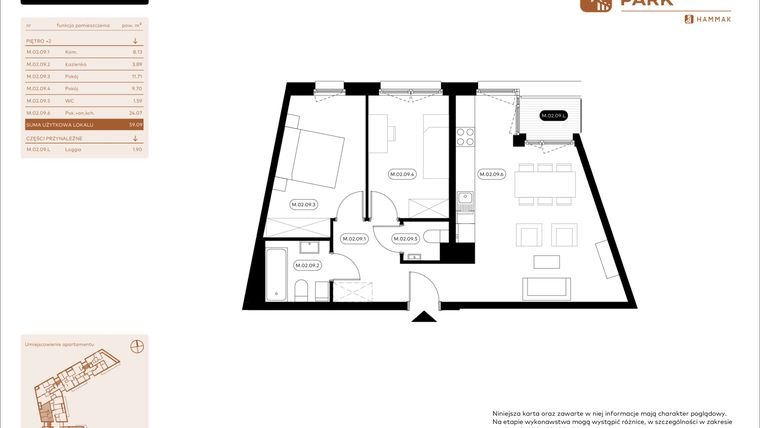 Rzut - Mieszkanie na sprzedaż 3 pokoje o powierzchni 59,09 m² - numer 2.09 w Białoprądnicka Park