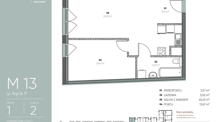 Rzut - Mieszkanie na sprzedaż 2 pokoje o powierzchni 47,29 m² - numer M.13 w Ja\nas