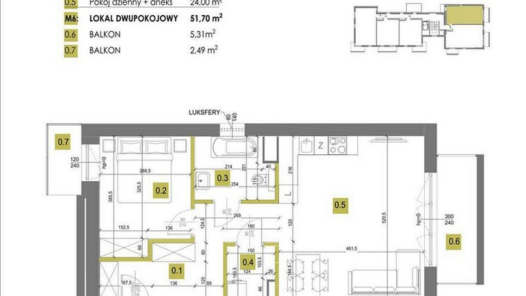 Rzut - Mieszkanie na sprzedaż 2 pokoje o powierzchni 51,7 m² - numer M6 w Mazowiecka 69