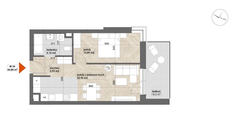 Rzut - Mieszkanie na sprzedaż 2 pokoje o powierzchni 44,89 m² - numer 34 w Apartamenty Śródmieście