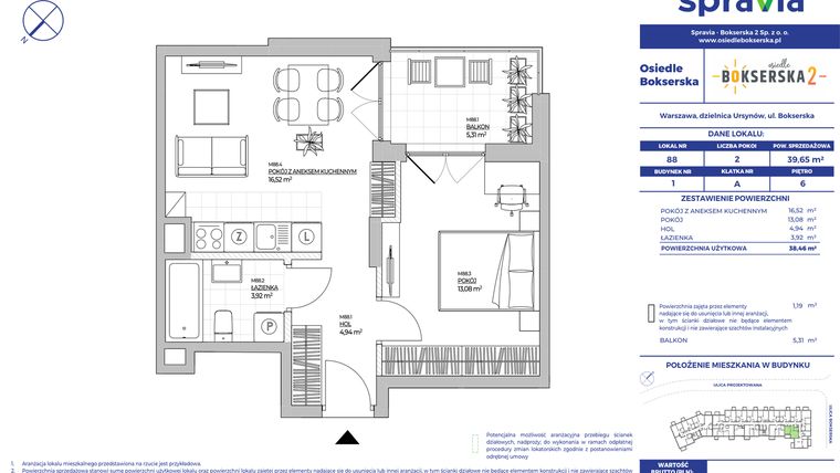 Rzut - Mieszkanie na sprzedaż 2 pokoje o powierzchni 39,65 m² - numer B1.88 w Osiedle Bokserska 2