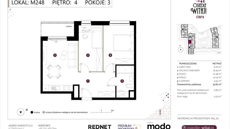 Rzut - Mieszkanie na sprzedaż 3 pokoje o powierzchni 53,5 m² - numer M248 w Osiedle Witaj etap II