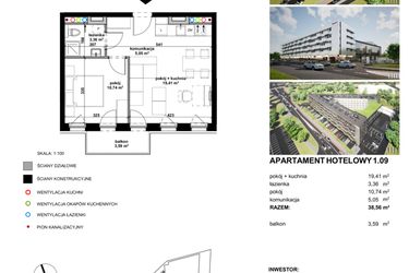 Rzut - Mieszkanie na sprzedaż 2 pokoje o powierzchni 38,49 m² - numer 1.09 w Apartamentowiec Zwycięska 3 - inwestycyjne