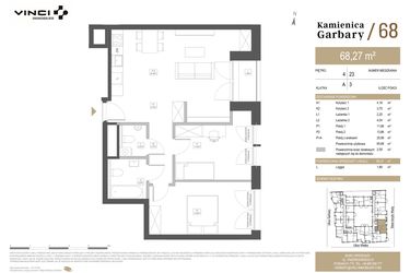 Rzut - Mieszkanie na sprzedaż 3 pokoje o powierzchni 65,5 m² - numer 23 w Garbary 68