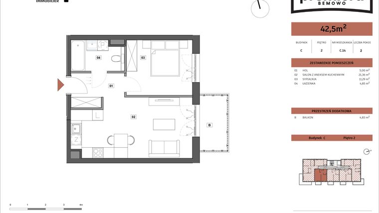 Rzut - Mieszkanie na sprzedaż 2 pokoje o powierzchni 42,5 m² - numer C.14 w Premiera Bemowo