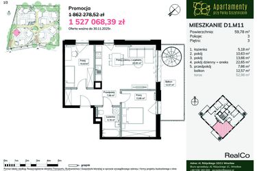 Rzut - Mieszkanie na sprzedaż 3 pokoje o powierzchni 59,78 m² - numer D1.M11 w Apartamenty przy Parku Szczytnickim