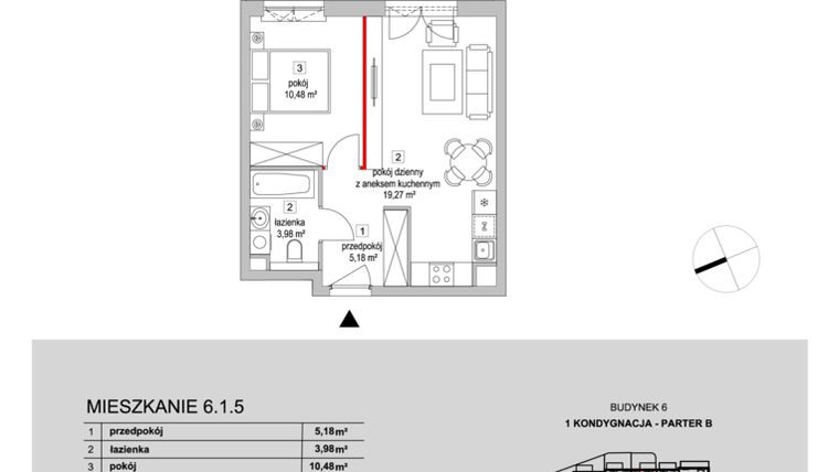 Rzut - Mieszkanie na sprzedaż 2 pokoje o powierzchni 39,3 m² - numer 6.1.5 w Osiedle Przyjemne III