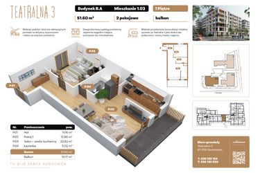 Rzut - Mieszkanie na sprzedaż 2 pokoje o powierzchni 51,6 m² - numer B1.A.03 w Teatralna 3