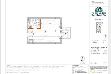 Rzut - Mieszkanie na sprzedaż 1 pokój o powierzchni 25,64 m² - numer J1-13 w Park Leśny Rembertów etap VIII