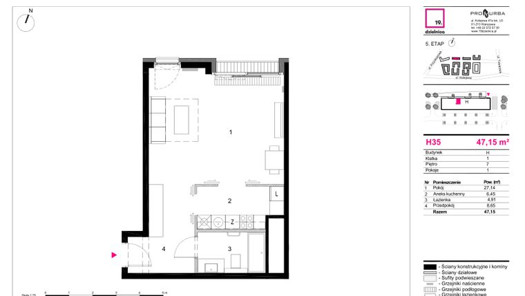 Rzut - Mieszkanie na sprzedaż 1 pokój o powierzchni 47,15 m² - numer H35 w 19. Dzielnica Etap V
