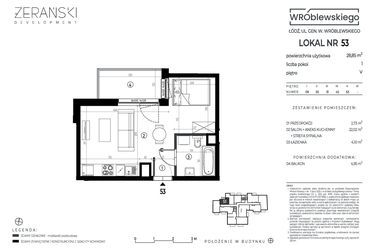 Rzut - Mieszkanie na sprzedaż 1 pokój o powierzchni 28,85 m² - numer A53 w Wróblewskiego