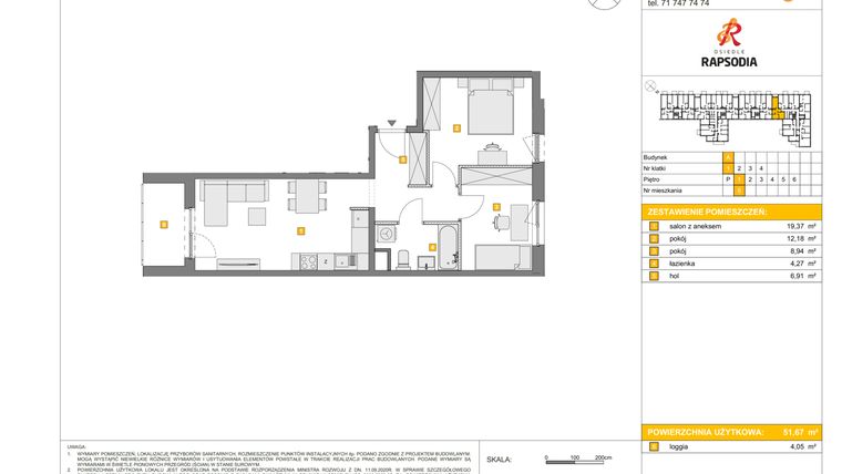 Rzut - Mieszkanie na sprzedaż 3 pokoje o powierzchni 51,67 m² - numer A.5 w Osiedle Rapsodia