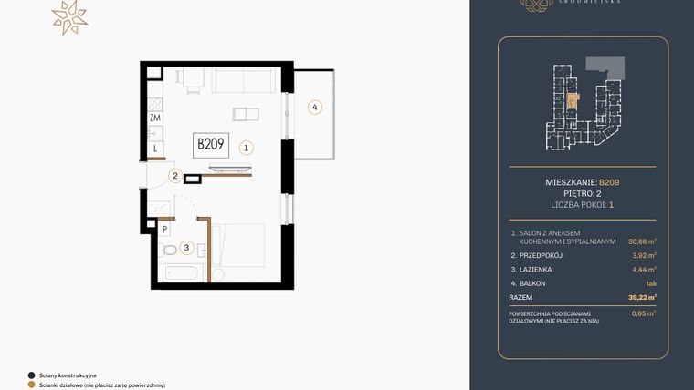 Rzut - Mieszkanie na sprzedaż 1 pokój o powierzchni 39,22 m² - numer B.209 w Rezydencja Śródmiejska