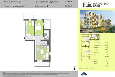 Rzut - Mieszkanie na sprzedaż 3 pokoje o powierzchni 65,3 m² - numer 17 w Dworzysko Park - Etap II