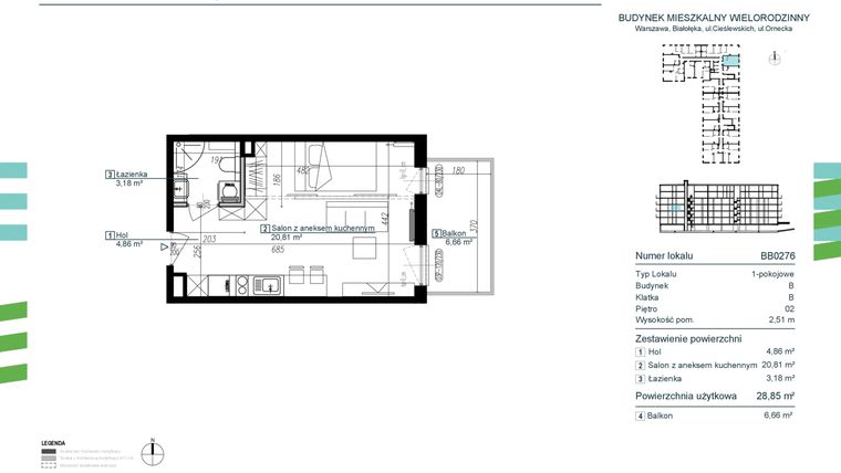 Rzut - Mieszkanie na sprzedaż 1 pokój o powierzchni 28,85 m² - numer BB0276 w Orneko