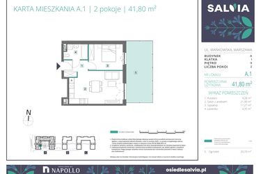 Rzut - Mieszkanie na sprzedaż 2 pokoje o powierzchni 41,8 m² - numer A.01 w Osiedle Salvia