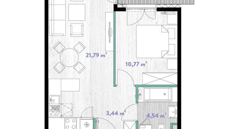 Rzut - Mieszkanie na sprzedaż 2 pokoje o powierzchni 40,54 m² - numer A.02.10 w Do Wilgi
