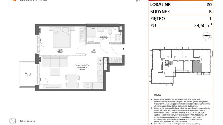 Rzut - Mieszkanie na sprzedaż 2 pokoje o powierzchni 39,6 m² - numer B20 w Osiedle Orzechowa