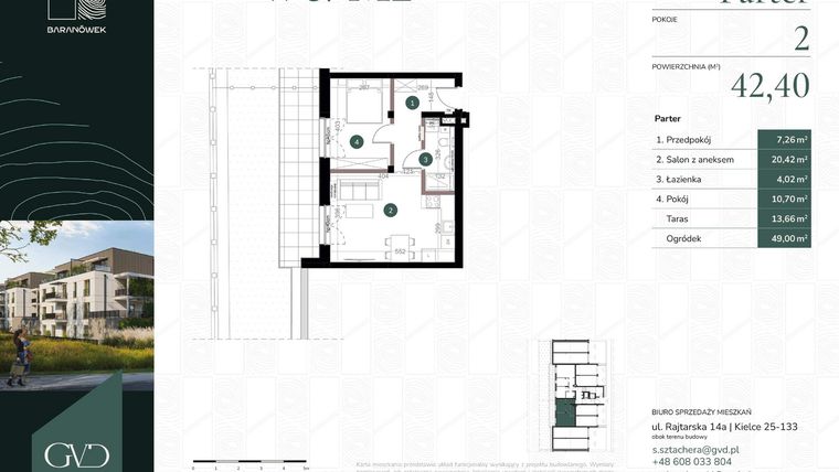 Rzut - Mieszkanie na sprzedaż 2 pokoje o powierzchni 42,4 m² - numer W5/02 w Baranówek