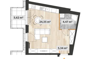 Rzut - Mieszkanie na sprzedaż 1 pokój o powierzchni 34,48 m² - numer A.07.02 w Na Okrzei
