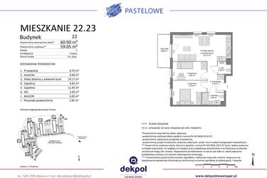 Rzut - Mieszkanie na sprzedaż 3 pokoje o powierzchni 59,05 m² - numer 22.23 w Osiedle Pastelowe etap IV
