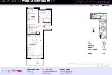 Rzut - Mieszkanie na sprzedaż 3 pokoje o powierzchni 61,52 m² - numer 131 w Wojciechowska Square