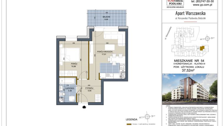 Rzut - Mieszkanie na sprzedaż 2 pokoje o powierzchni 37,52 m² - numer 54 w Apart Warszawska