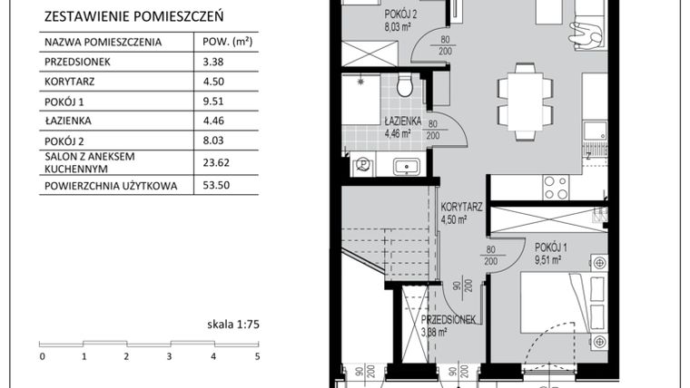 Rzut - Mieszkanie na sprzedaż 3 pokoje o powierzchni 53,5 m² - numer D11 w Kowalove etap 2