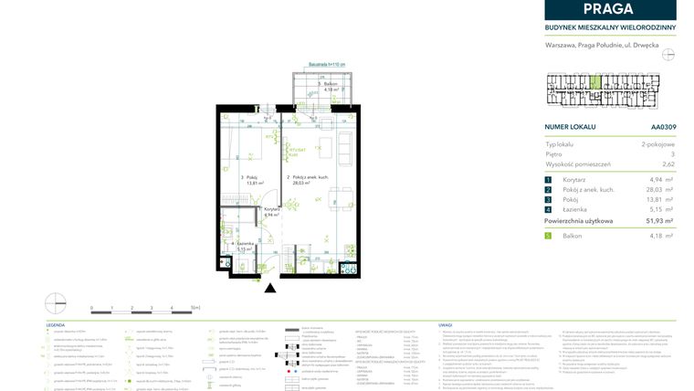 Rzut - Mieszkanie na sprzedaż 2 pokoje o powierzchni 51,93 m² - numer AA0309 w Neo Praga