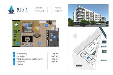 Rzut - Mieszkanie na sprzedaż 2 pokoje o powierzchni 43,26 m² - numer B8 w Nova Baltica Mieszkania Kołobrzeg