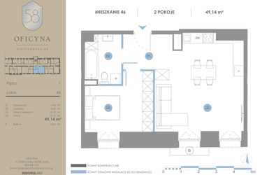 Rzut - Mieszkanie na sprzedaż 2 pokoje o powierzchni 49,14 m² - numer 46 w Oficyna