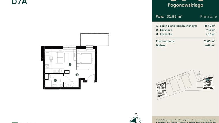 Rzut - Mieszkanie na sprzedaż 1 pokój o powierzchni 31,88 m² - numer D-7A w Pogonowskiego 73