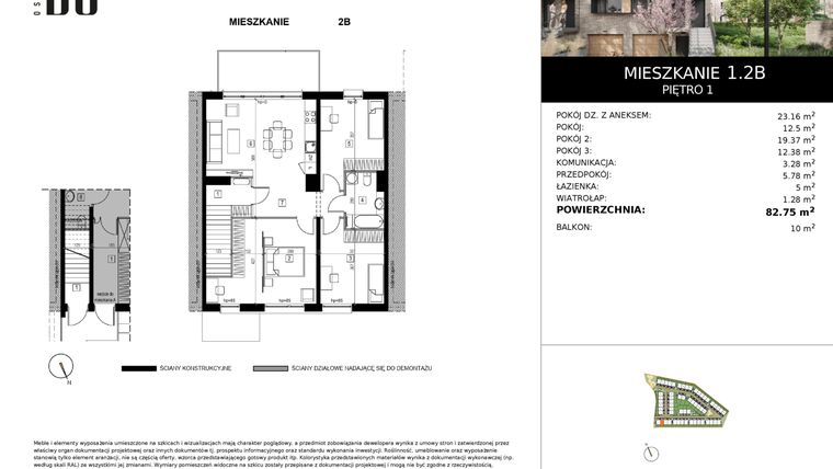 Rzut - Mieszkanie na sprzedaż 4 pokoje o powierzchni 82,61 m² - numer 1.2B w Osiedle Bo