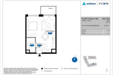 Rzut - Mieszkanie na sprzedaż 1 pokój o powierzchni 34,76 m² - numer B23 262 w Flow - bud. B2 A i bud. B2 B