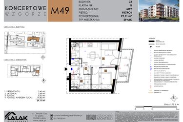 Rzut - Mieszkanie na sprzedaż 2 pokoje o powierzchni 29,11 m² - numer C1_M49 w Koncertowe Wzgórze etap II