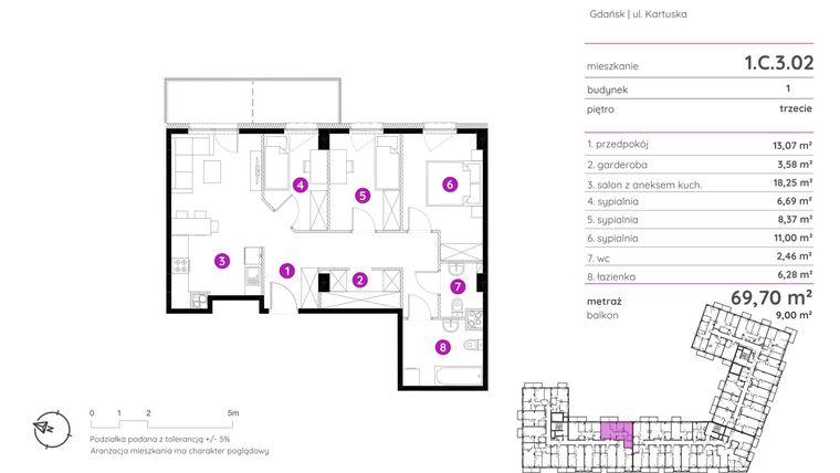 Rzut - Mieszkanie na sprzedaż 4 pokoje o powierzchni 69,7 m² - numer 1.C.3.02 w Murapol Scarpa