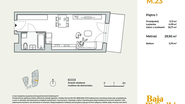 Rzut - Mieszkanie na sprzedaż 1 pokój o powierzchni 29,92 m² - numer M23 w Baja Piaśniki
