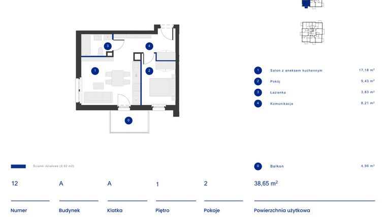 Rzut - Mieszkanie na sprzedaż 2 pokoje o powierzchni 38,65 m² - numer A.12 w Osiedle Inverso