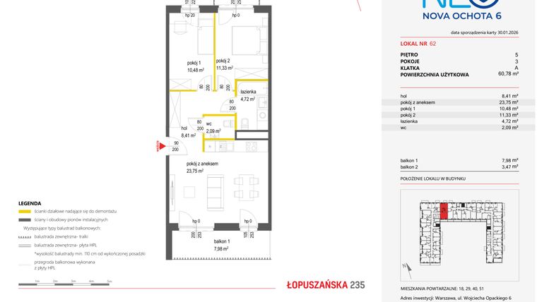 Rzut - Mieszkanie na sprzedaż 3 pokoje o powierzchni 60,78 m² - numer 62 w Neo Nova Ochota 6