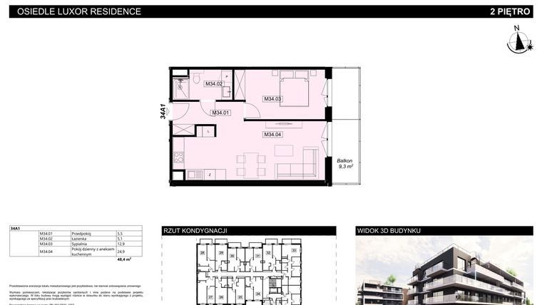 Rzut - Mieszkanie na sprzedaż 2 pokoje o powierzchni 48,4 m² - numer A1.34 w Luxor Residence