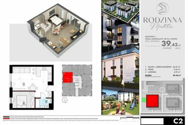 Rzut - Mieszkanie na sprzedaż 2 pokoje o powierzchni 39,42 m² - numer C2 w Rodzinna Malta